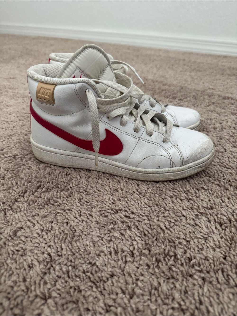 Nike Kids White High-Top Sneakers with Red Swoosh and Tan Heel Tab